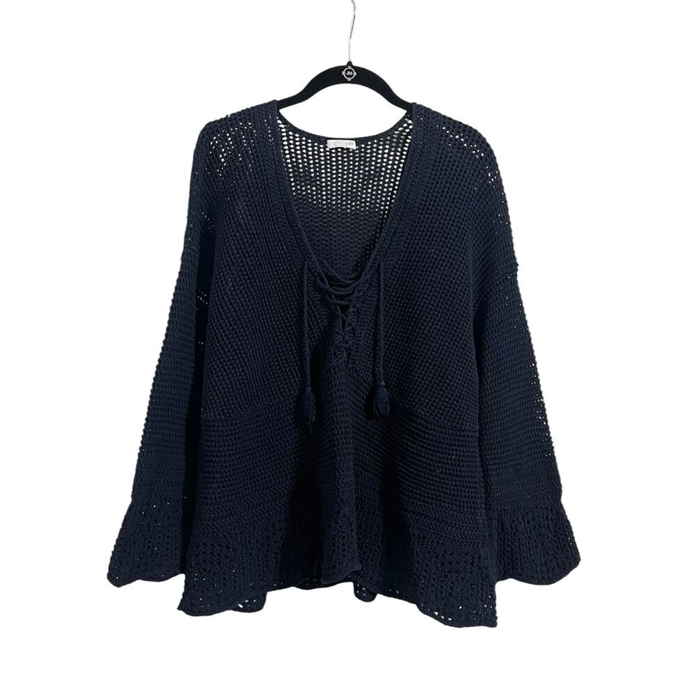 Coastal Beach Crochet J. Jill Open Knit Boho Navy Resort Flare Sleeve Sweater